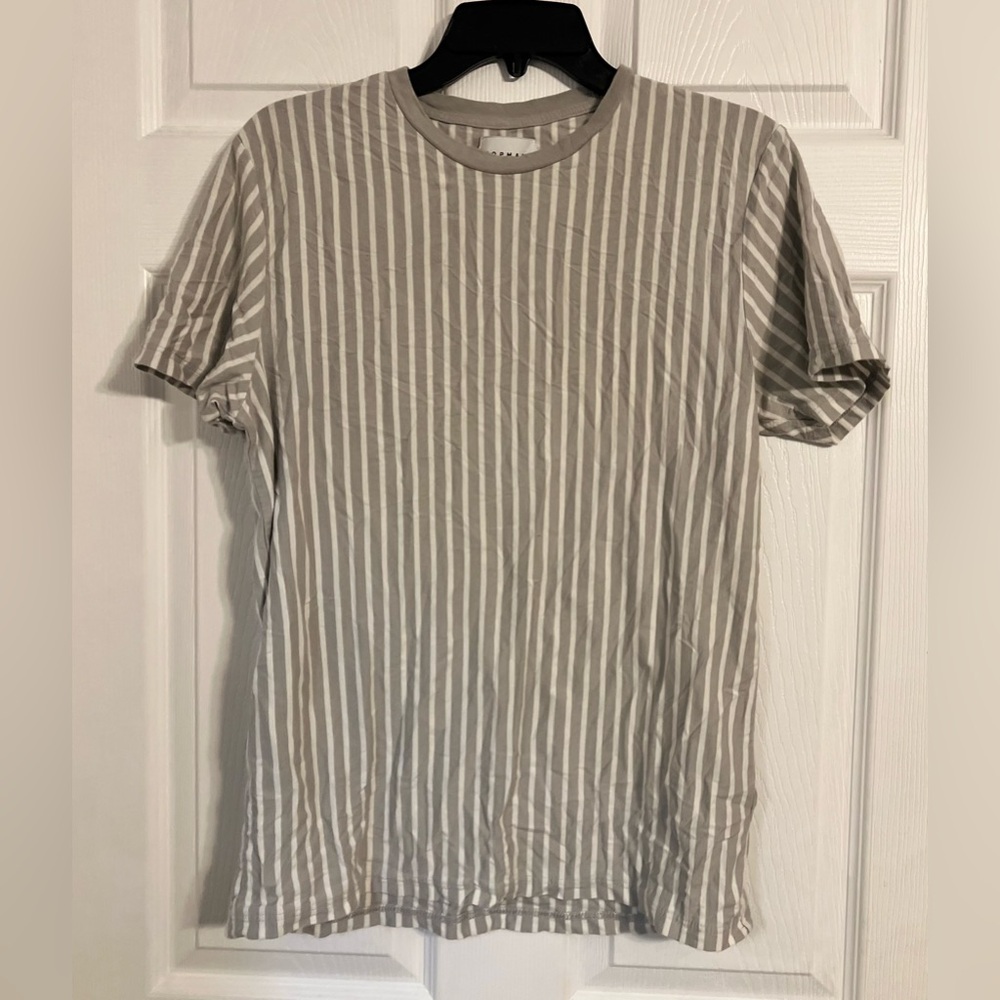 Topman Men’s Short Sleeve Tshirt Striped Gray And White Crew Neck Medium